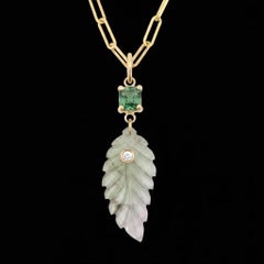 Tourmaline Leaf Pendant with Diamond and 14k Gold, Green with a touch of Pink