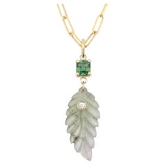 Tourmaline Leaf Pendant with Diamond and 14k Gold, Green with a touch of Pink