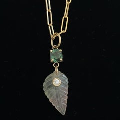 Tourmaline Leaf Pendant with Diamond and 14k Gold, Green with Pink at Tip