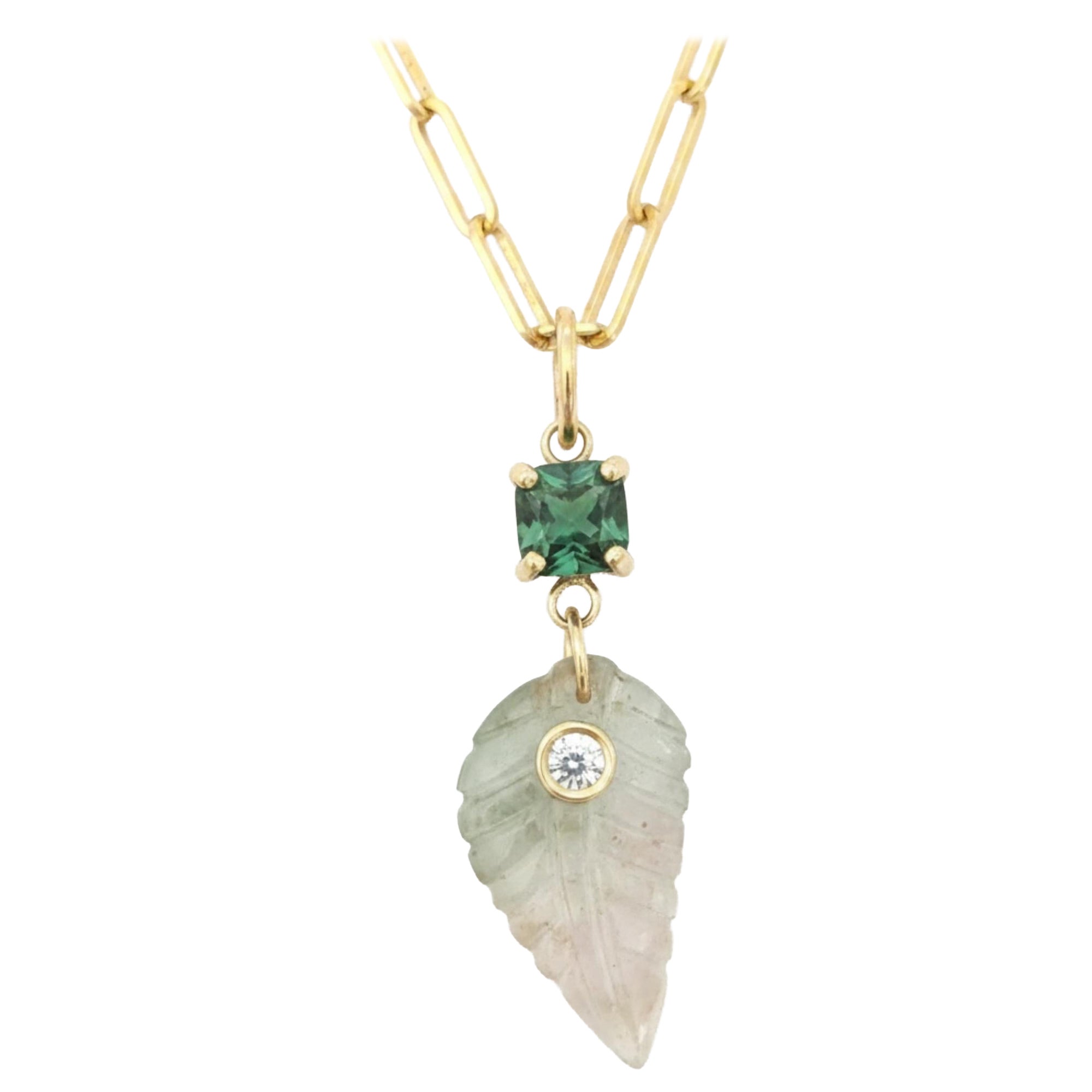 Tourmaline Leaf Pendant with Diamond and 14k Gold, Green with Pink at Tip