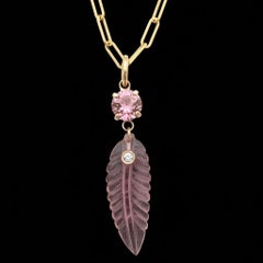 Tourmaline Leaf Pendant with Diamond and 14k Gold, Pink