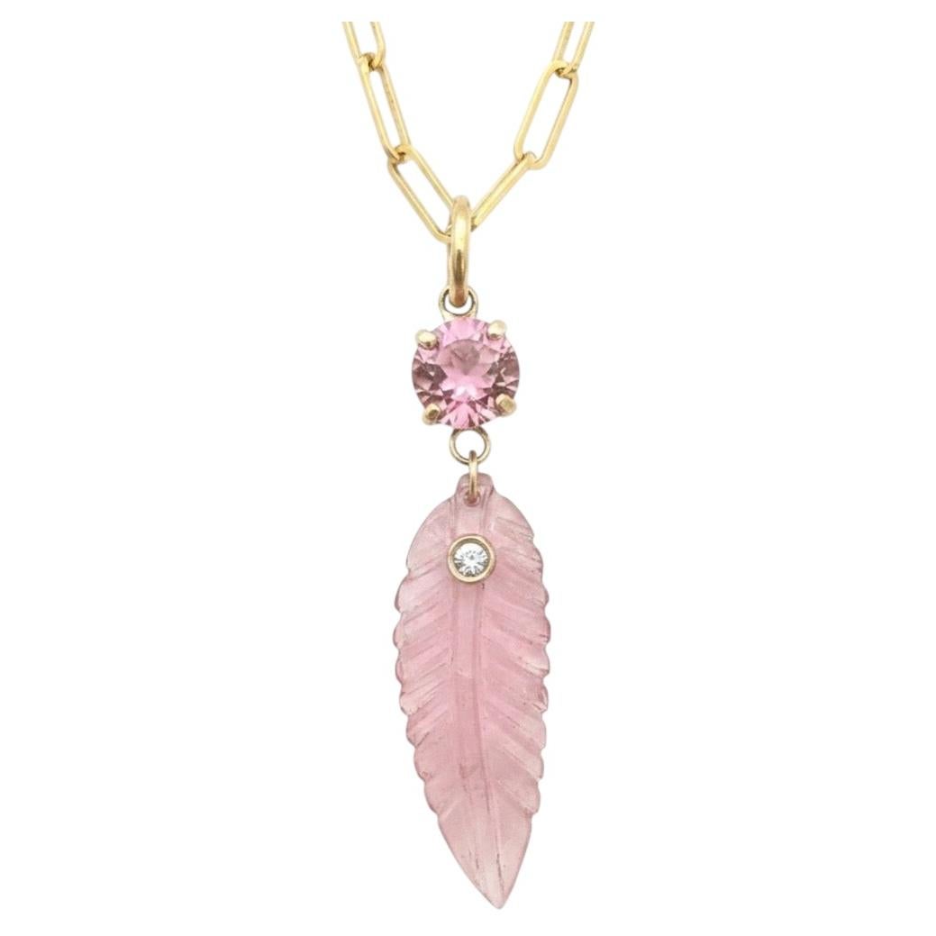 Tourmaline Leaf Pendant with Diamond and 14k Gold, Pink
