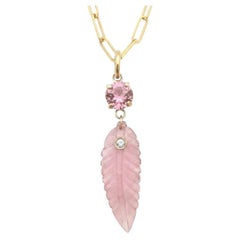 Tourmaline Leaf Pendant with Diamond and 14k Gold, Pink