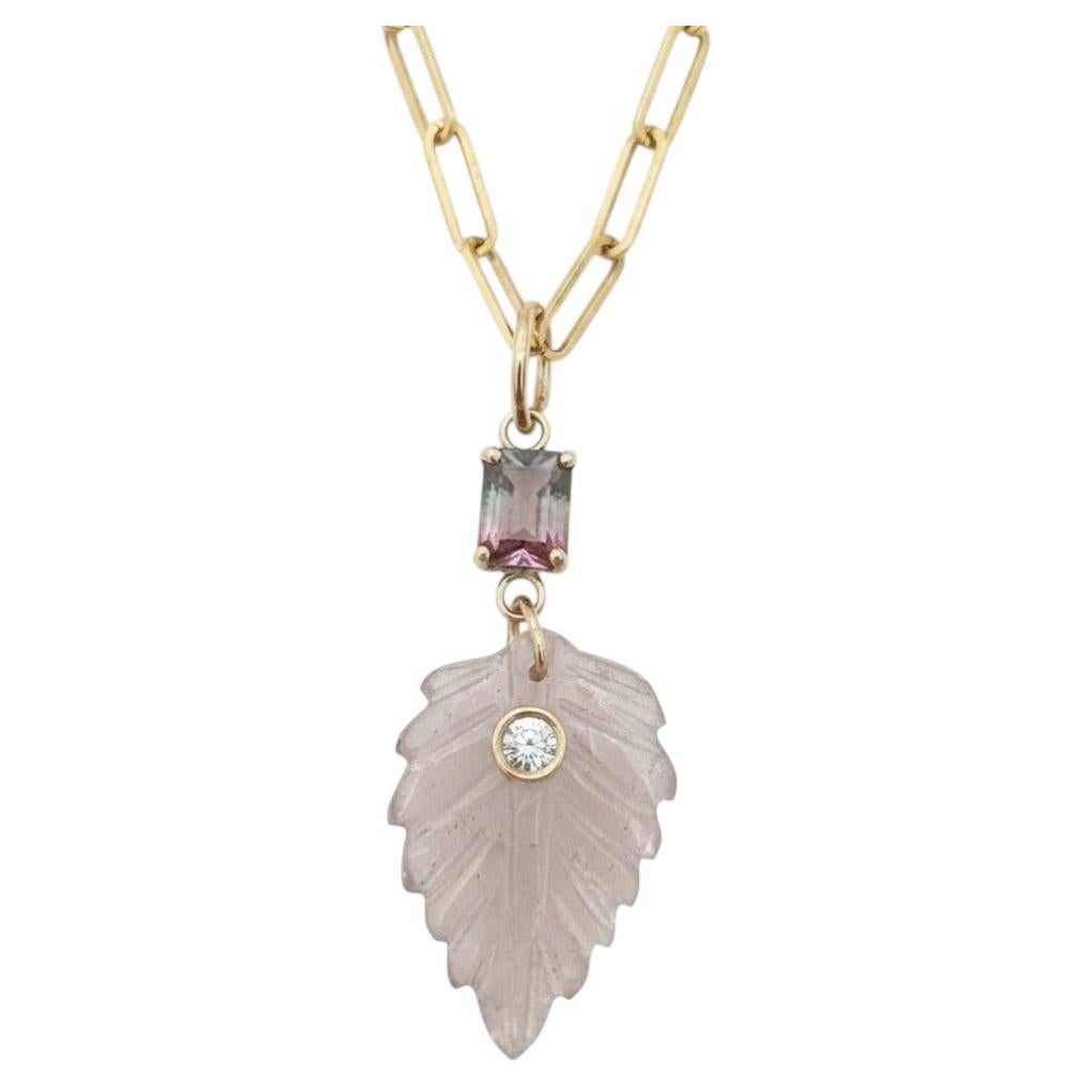 Tourmaline Leaf with Diamond and 14k Gold, Pink and Grey