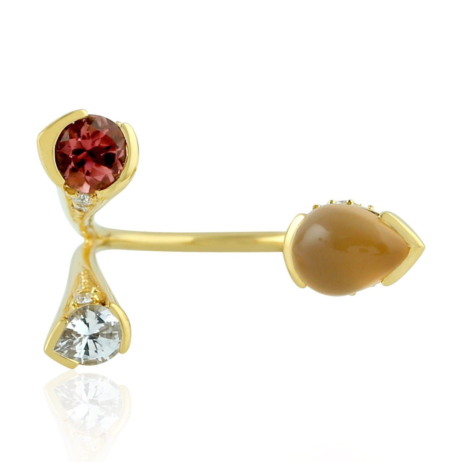 For Sale:  Tourmaline Moonstone Diamond 18 Karat Gold Between the Finger Ring 4