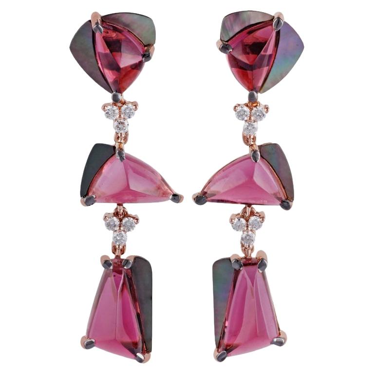 Tourmaline, Mother of Pearl and Diamond Earrings Studded in 18 Karat Rose Gold