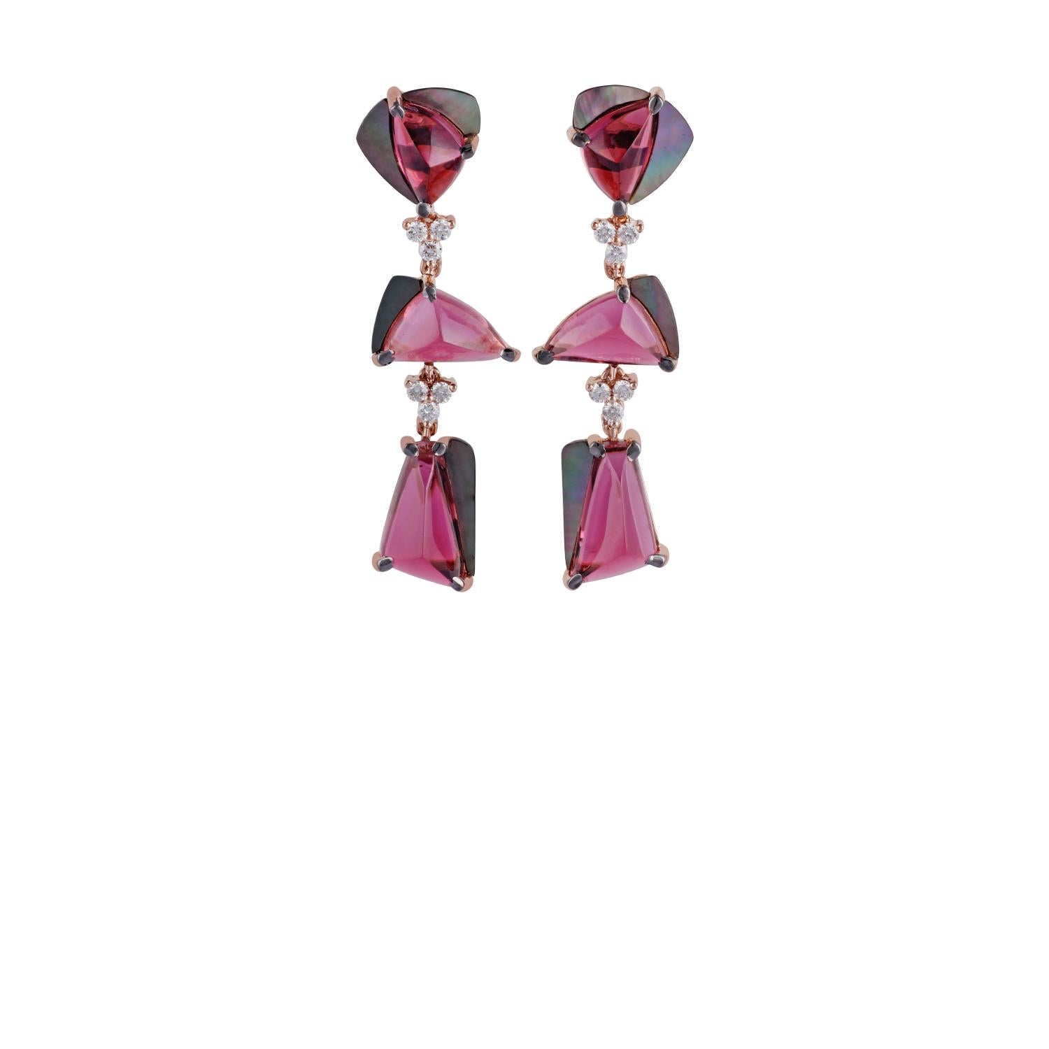 This is an exclusive pair of earrings studded in 18k rose gold features tourmaline weight 20.23 carats with mother of pearl weight 1.61 carats & diamonds weight 0.41 carat, these earrings entirely made of 18k rose gold weight 7.98 grams, earrings