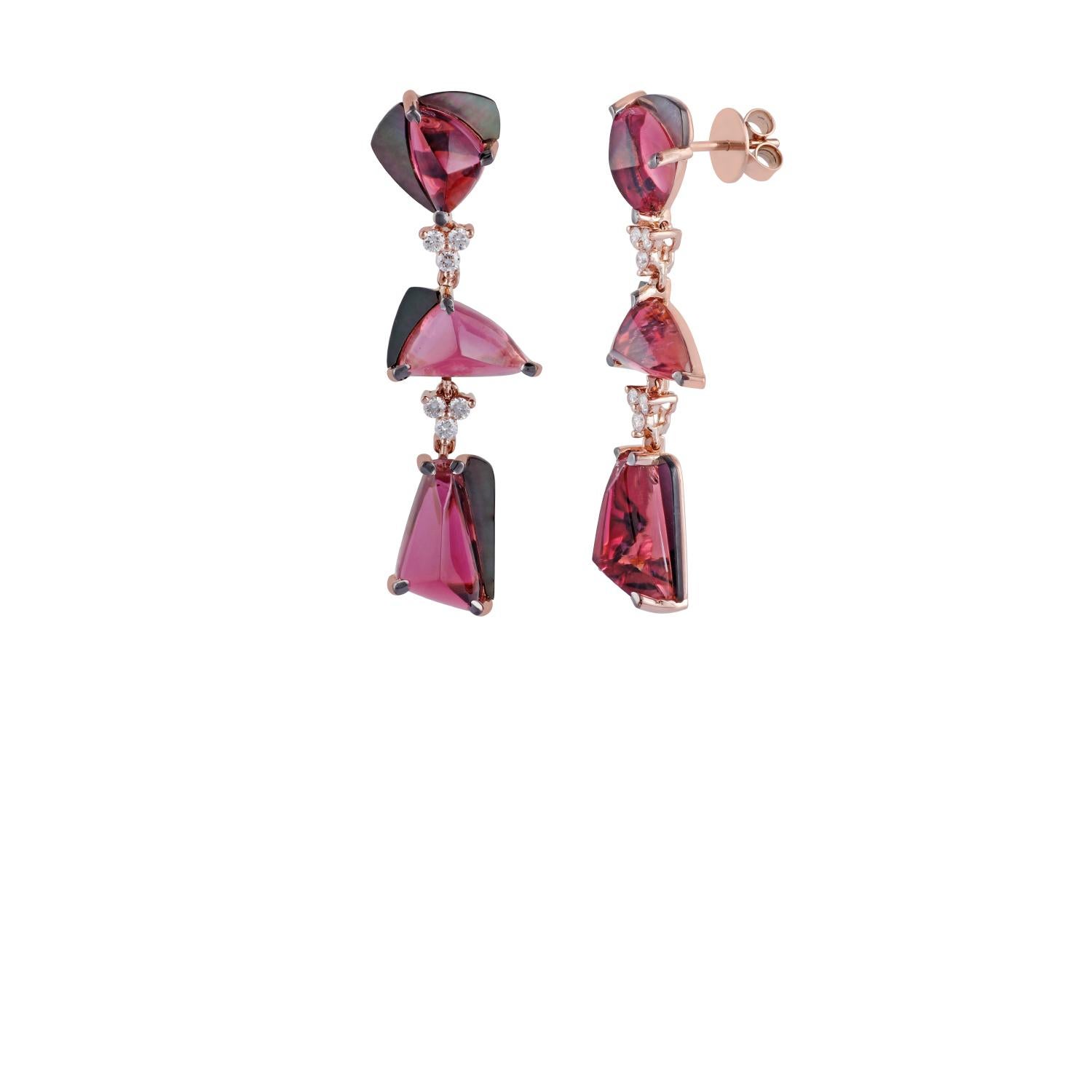 Contemporary Tourmaline, Mother of Pearl and Diamond Earrings Studded in 18 Karat Rose Gold