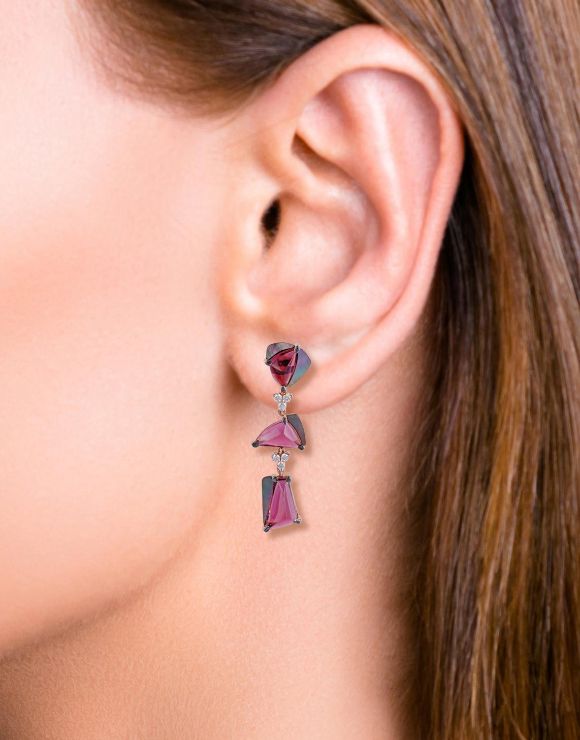 Tumbled Tourmaline, Mother of Pearl and Diamond Earrings Studded in 18 Karat Rose Gold