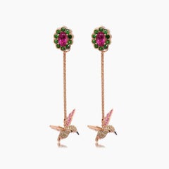 Tourmaline & Multicolor Gemstone Diamond Pave Hummingbird Rose Gold Earrings