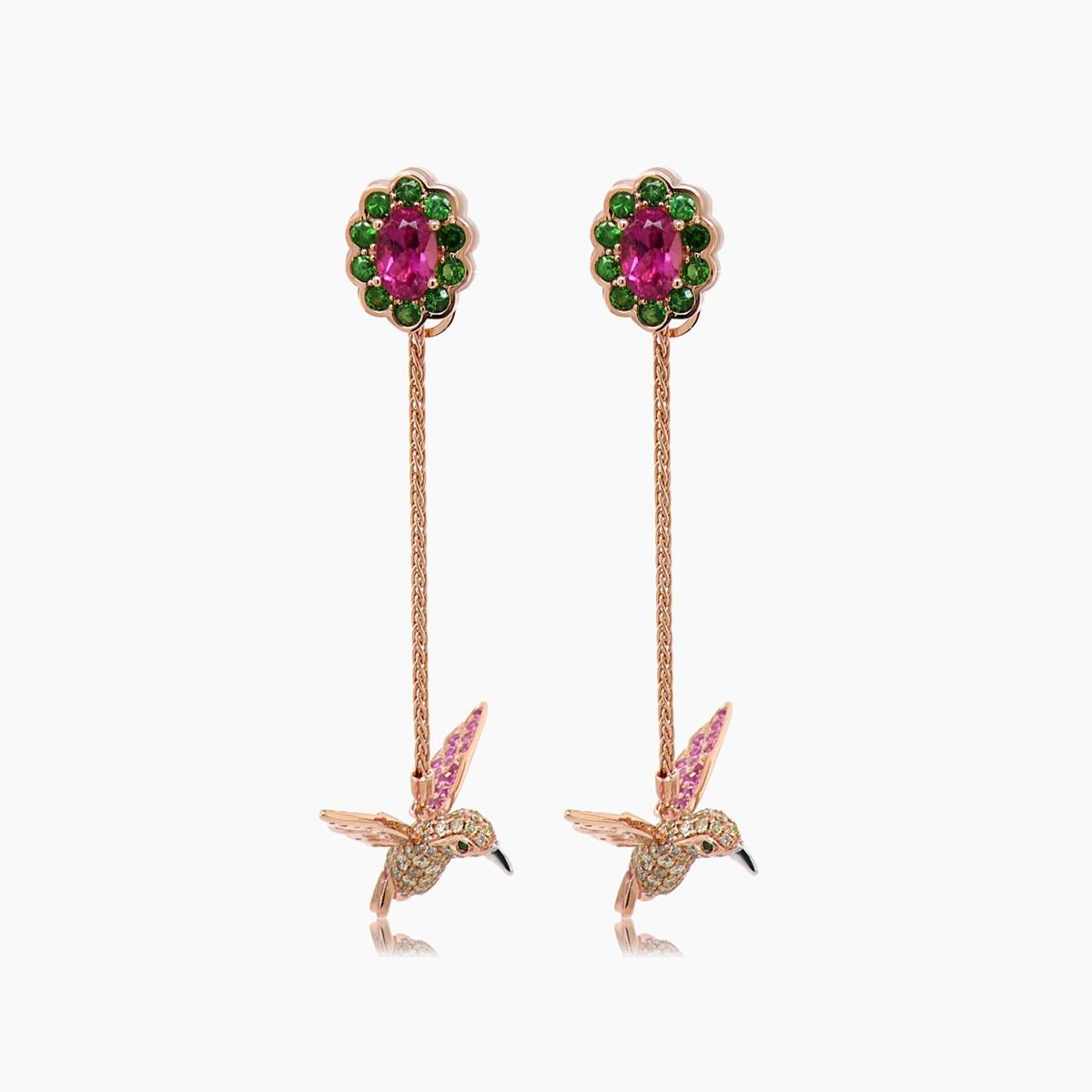 Tourmaline & Multicolor Gemstone Diamond Pave Hummingbird Rose Gold Earrings In New Condition For Sale In Oakton, VA