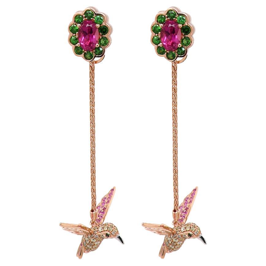 Tourmaline & Multicolor Gemstone Diamond Pave Hummingbird Rose Gold Earrings For Sale
