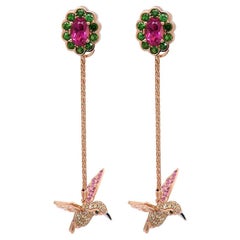 Tourmaline & Multicolor Gemstone Diamond Pave Hummingbird Rose Gold Earrings