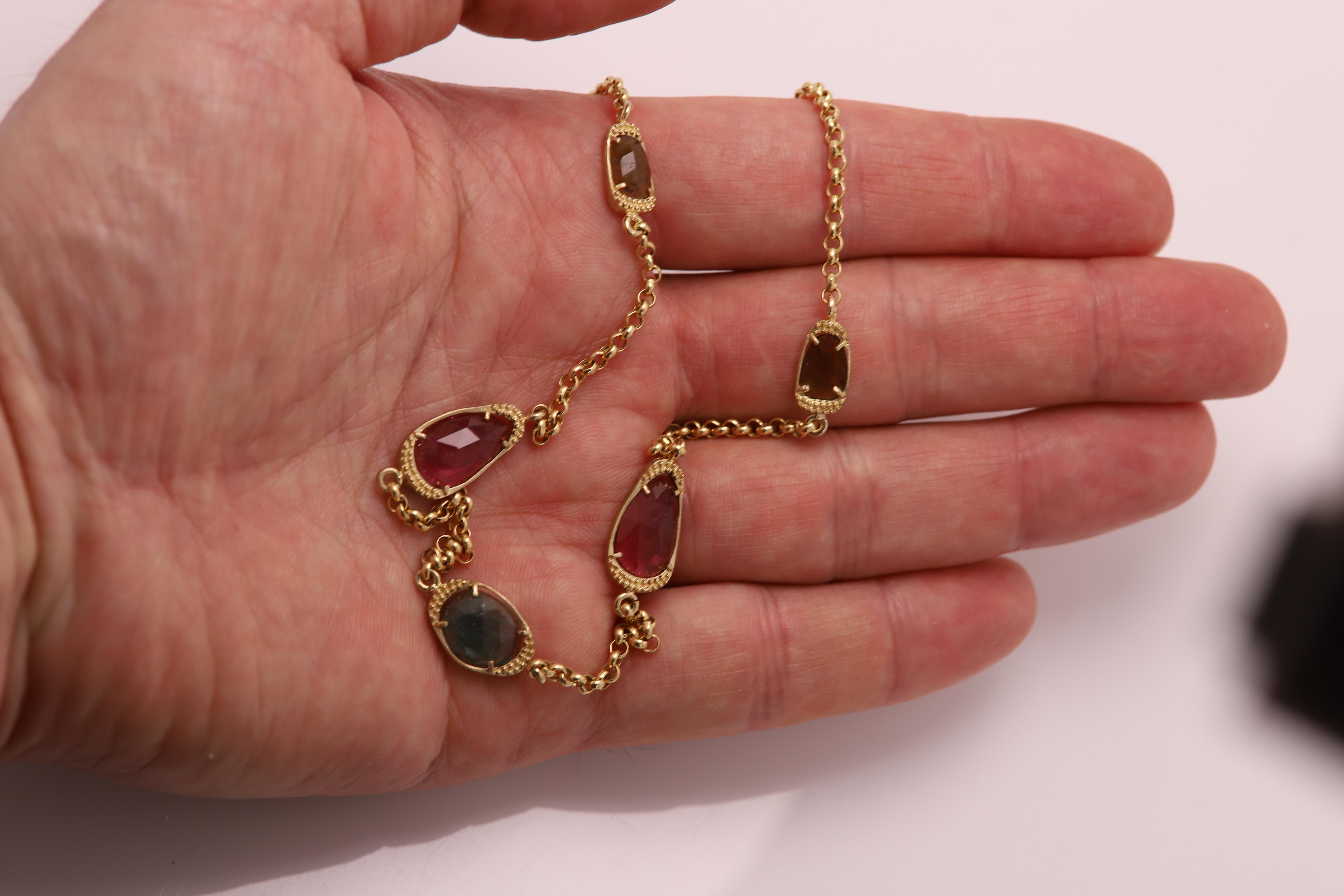 Old Mine Cut Tourmaline Necklace 14 Karat Yellow Gold multi color gemstones For Sale