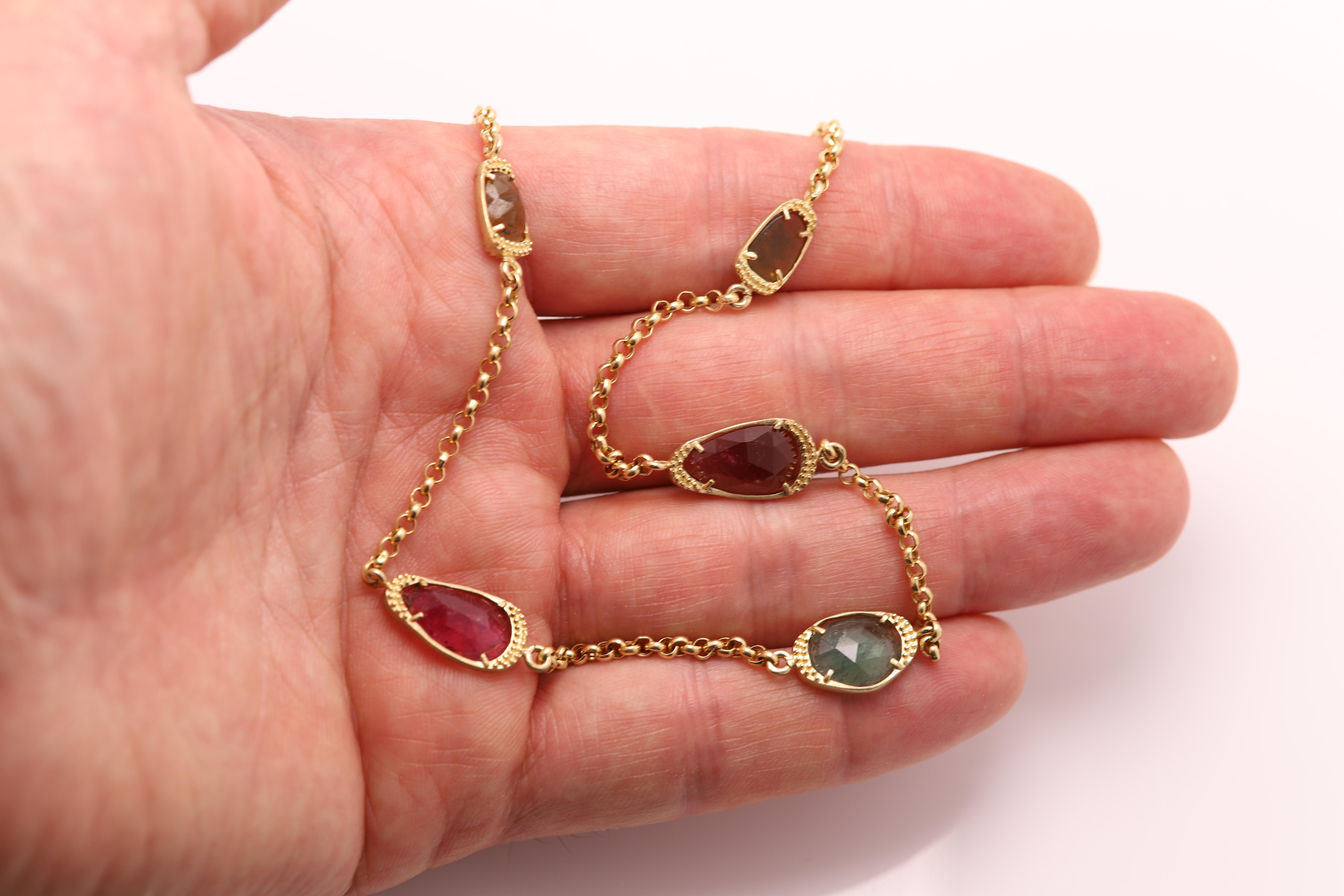 Women's Tourmaline Necklace 14 Karat Yellow Gold multi color gemstones For Sale