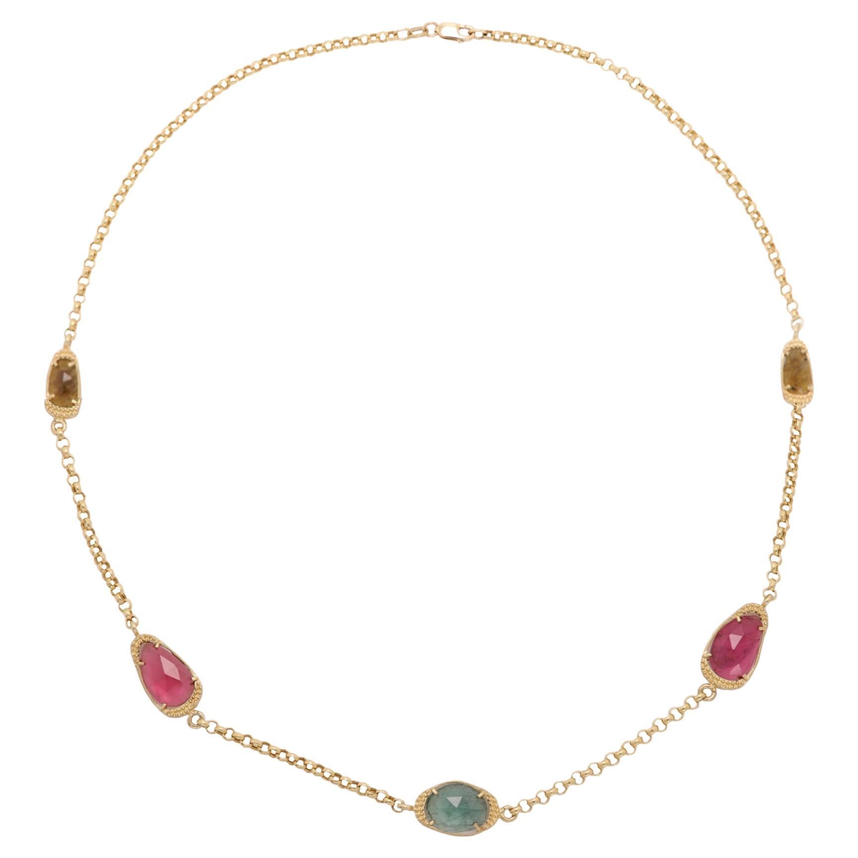 Turmalin-Halskette aus 14 Karat Gelbgold mit mehrfarbigen Edelsteinen