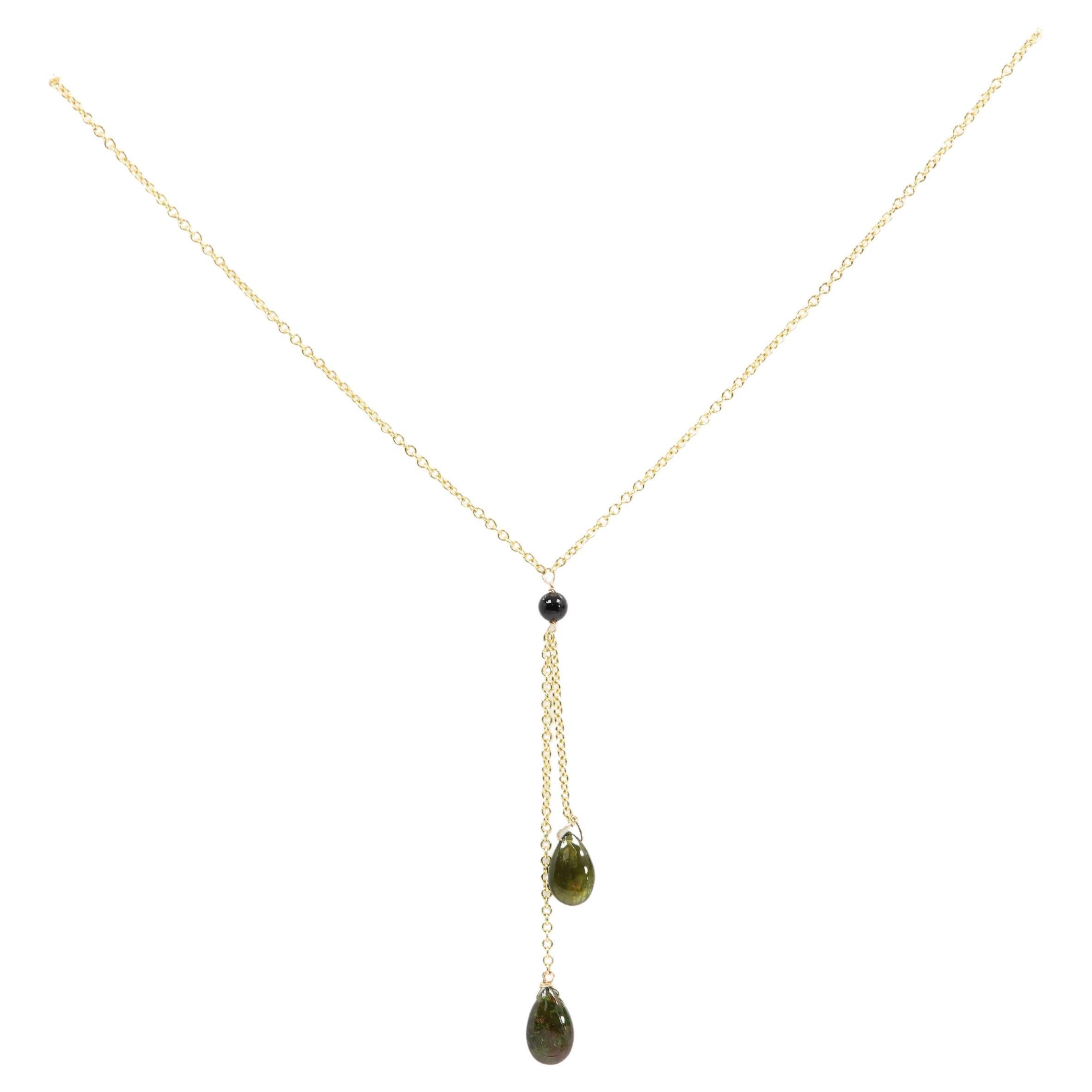 Collier en gouttes de tourmaline en or jaune 14 carats et pierres précieuses vert foncé