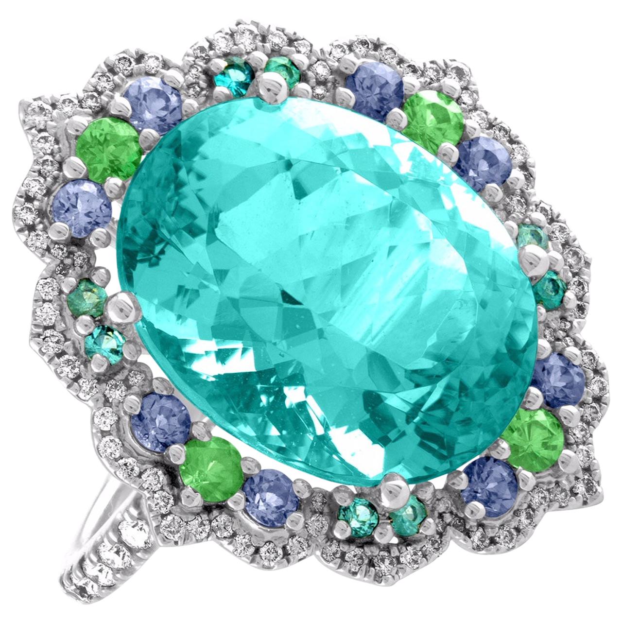 Tourmaline Neon Blue/Green Platinum Ring Diamond Garnet Spinel