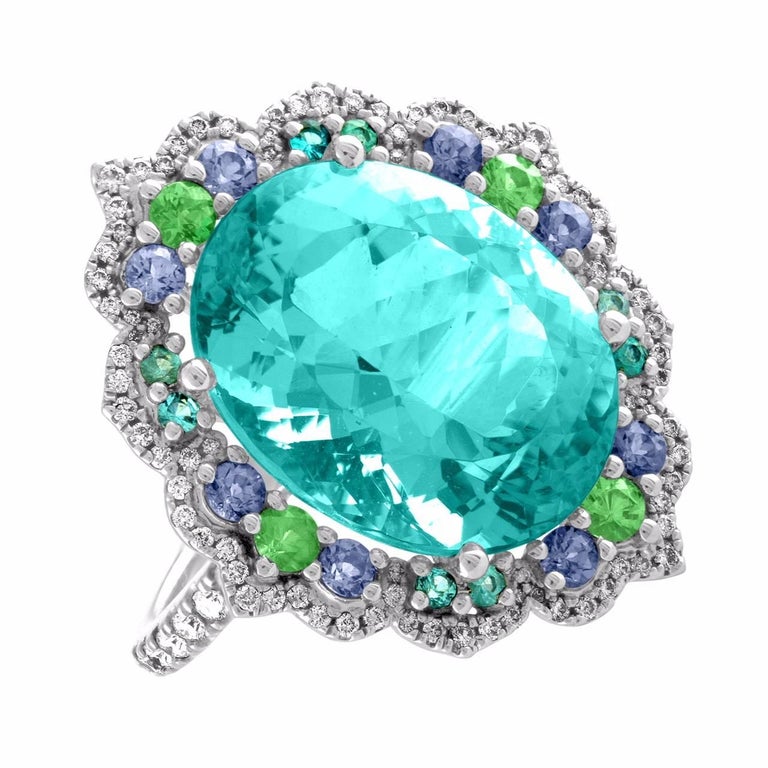 Tourmaline Neon Blue Green Platinum Ring Diamond Garnet Spinel And 