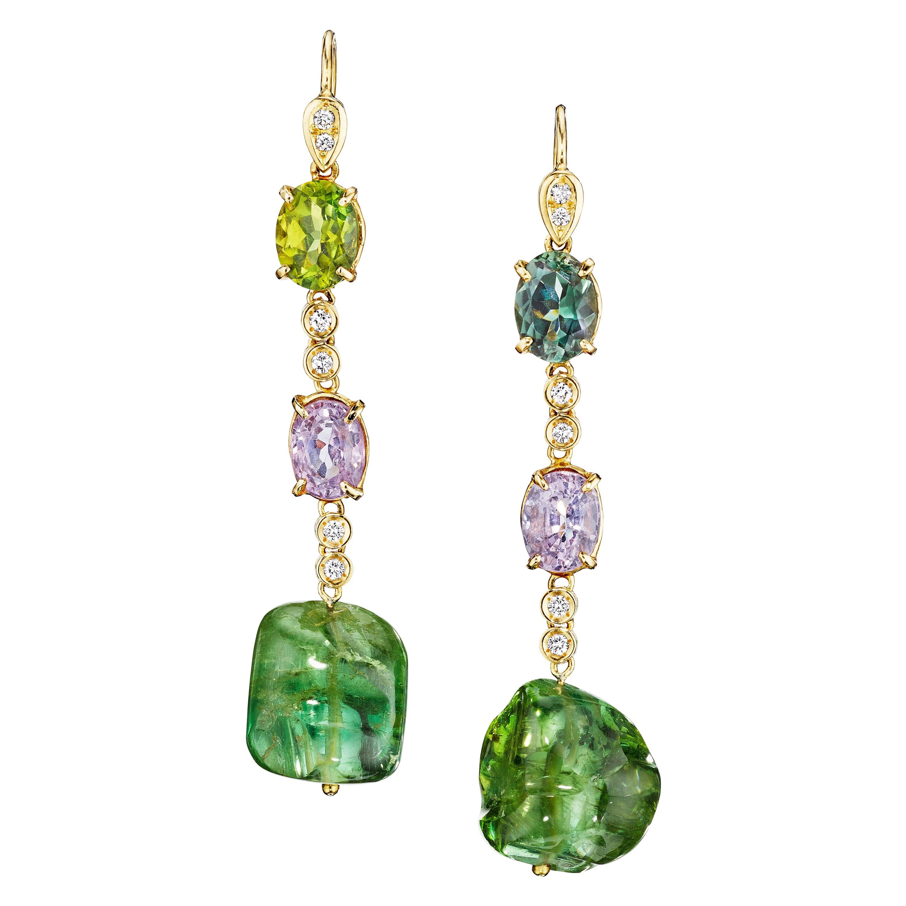 18 Karat Yellow Gold Tourmaline Nuggets Spinel Diamond Drop Dangle Earrings