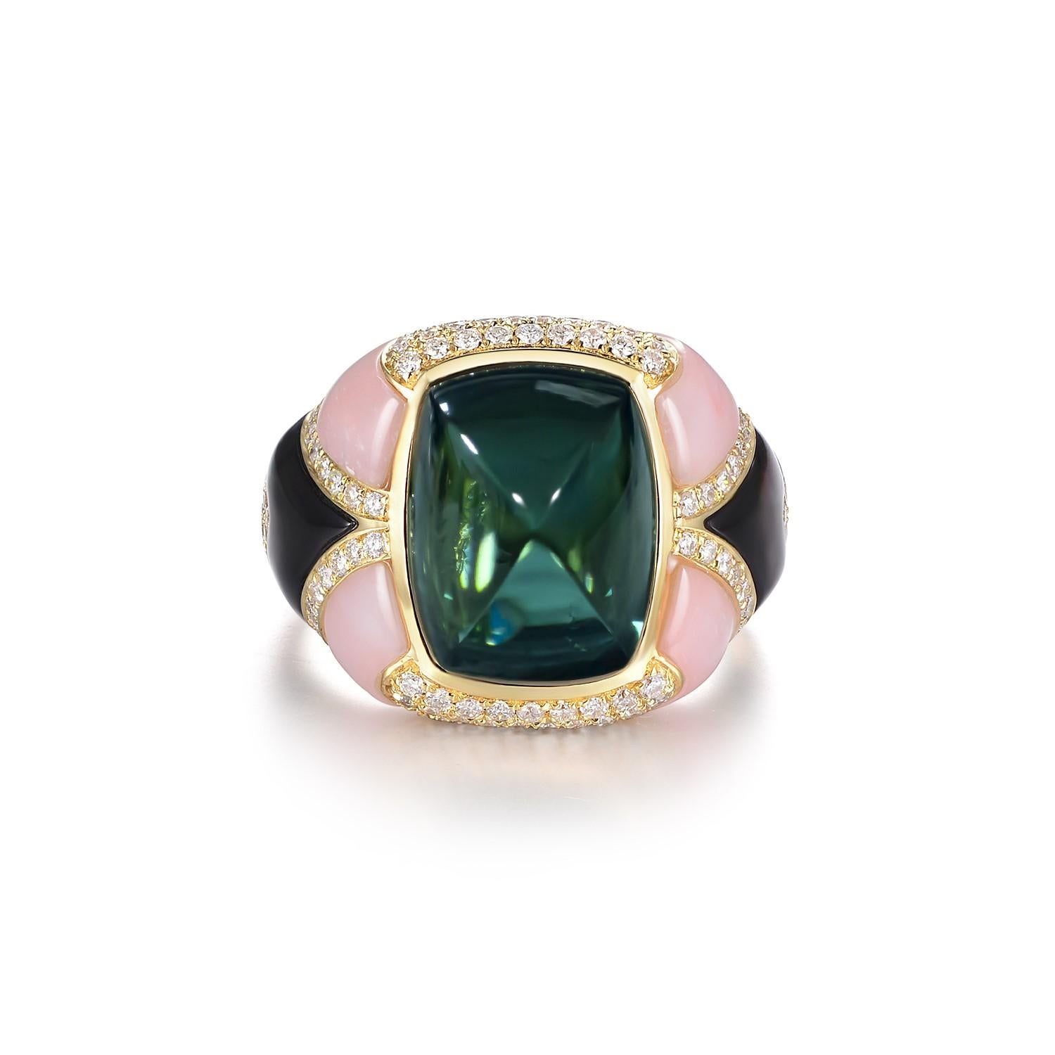 Introducing an absolutely stunning ring that exudes elegance and sophistication. Made from premium 18 karat yellow gold, this piece features a beautiful 8.95 carat sugarloaf cabochon green tourmaline, measuring 13 mm x 10 mm. The tourmaline is