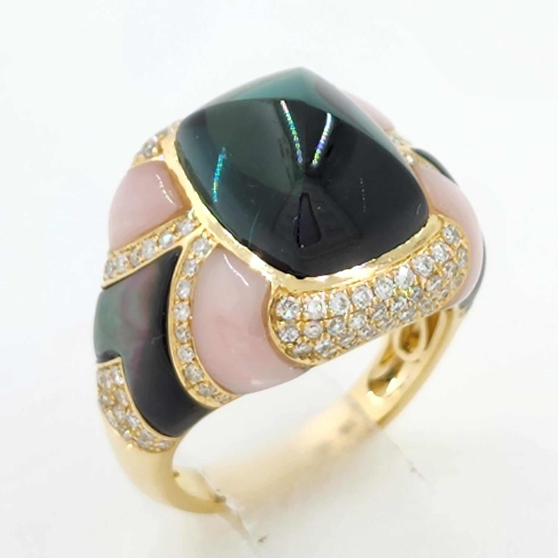 Art Deco Tourmaline Opal Diamond Cocktail Ring in 18 Karat Yellow Gold