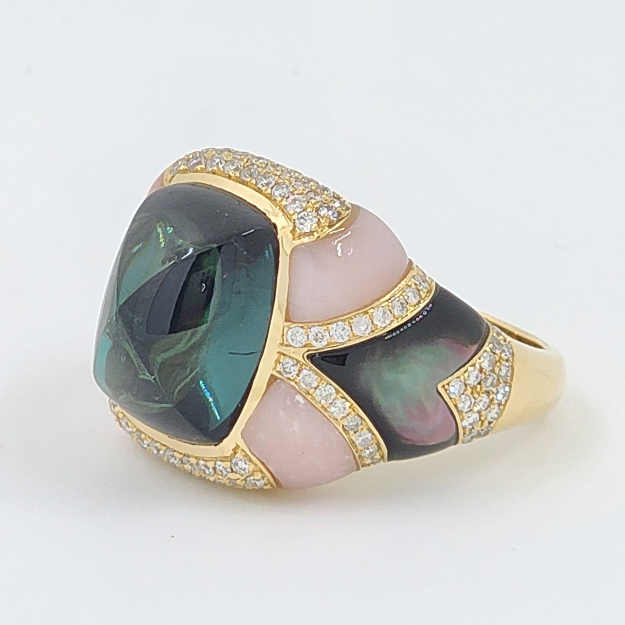 Tourmaline Opal Diamond Cocktail Ring in 18 Karat Yellow Gold In New Condition In Hong Kong, HK