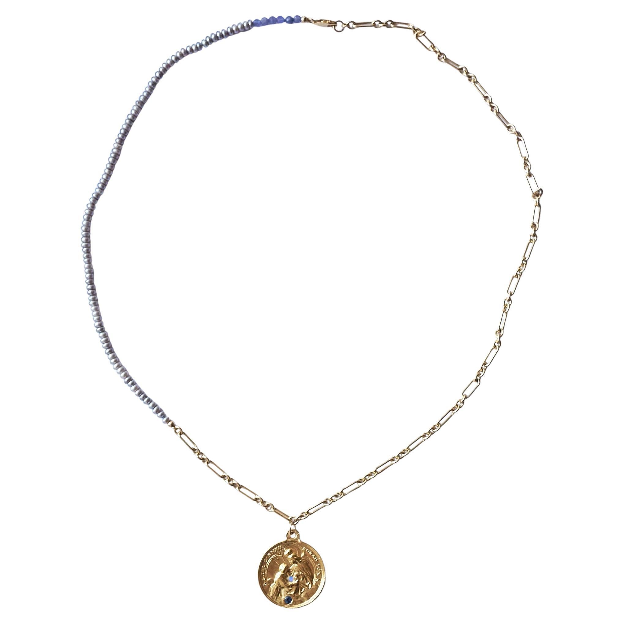 Victorian Tourmaline Opal Medal Chain Necklace Silver Pearl Tanzanite J Dauphin For Sale