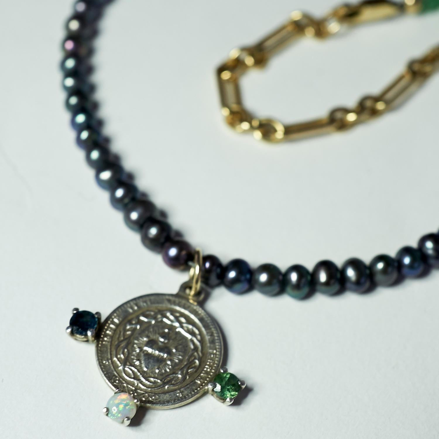 Tourmaline Opal Medal Coin Sacred Heart Silver Black Pearl Chrysoprase Choker Chain 16