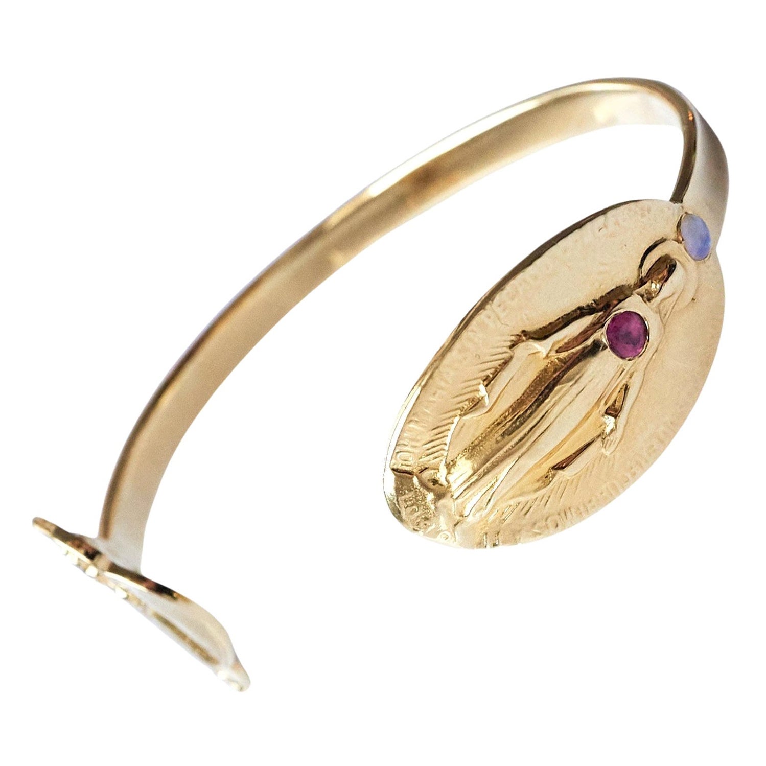 Tourmaline Opal Virgin Mary Bangle Bracelet Cuff Gold Plated Spiritual Religious

Virgin Mary With Tourmaline set in the Heart and Opal above the head - The bracelet is open and has two medal on each side.
It is a Gold Vermeil Cuff  Bangle