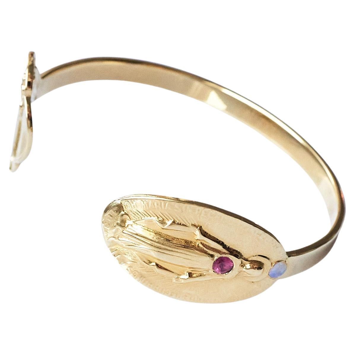 Tourmaline Opal Virgin Mary Bangle Bracelet Cuff Gold Plated Spiritual Religious For Sale
