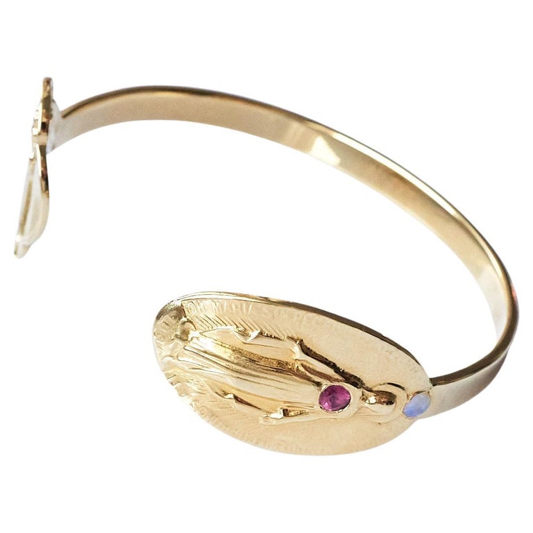 Tourmaline Opal Virgin Mary Bangle Bracelet Cuff Gold Plated Spiritual