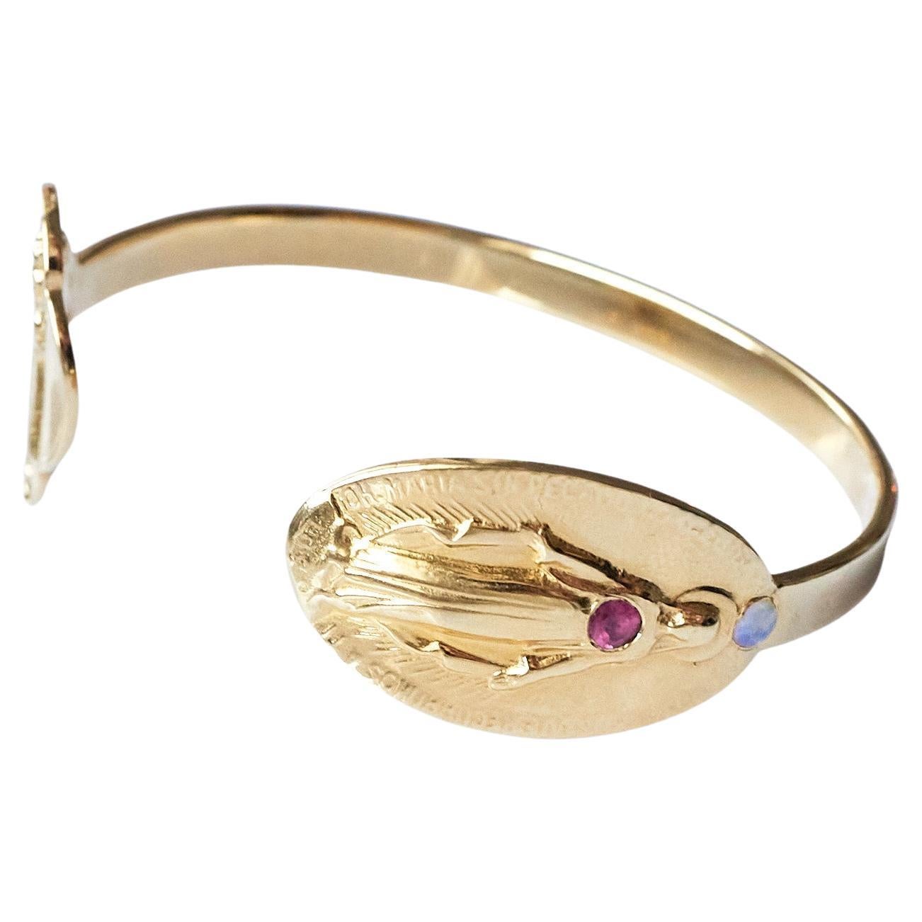 Contemporary Tourmaline Opal Virgin Mary Bangle Bracelet Cuff Gold Vermeil Spiritual  For Sale