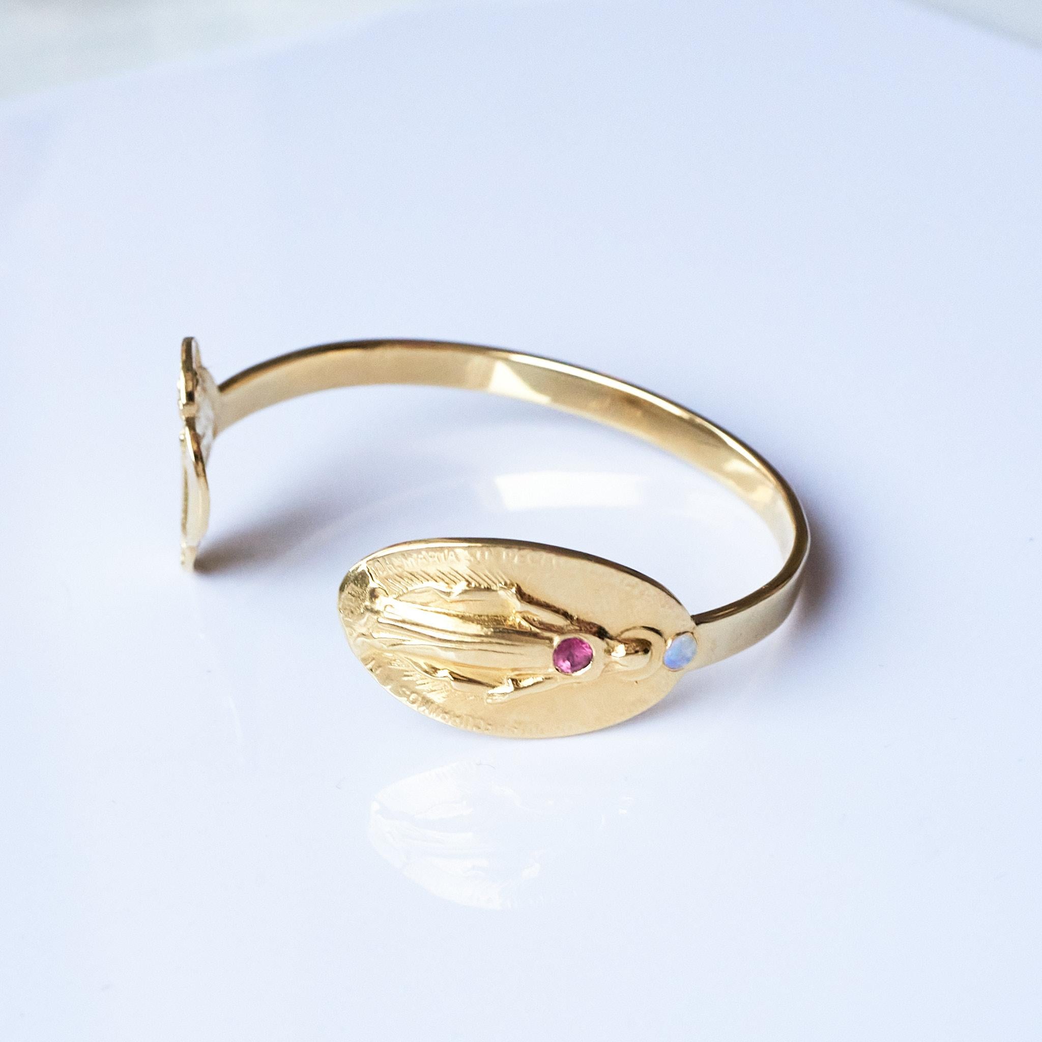 Brilliant Cut Tourmaline Opal Virgin Mary Bangle Bracelet Cuff Gold Vermeil Spiritual  For Sale
