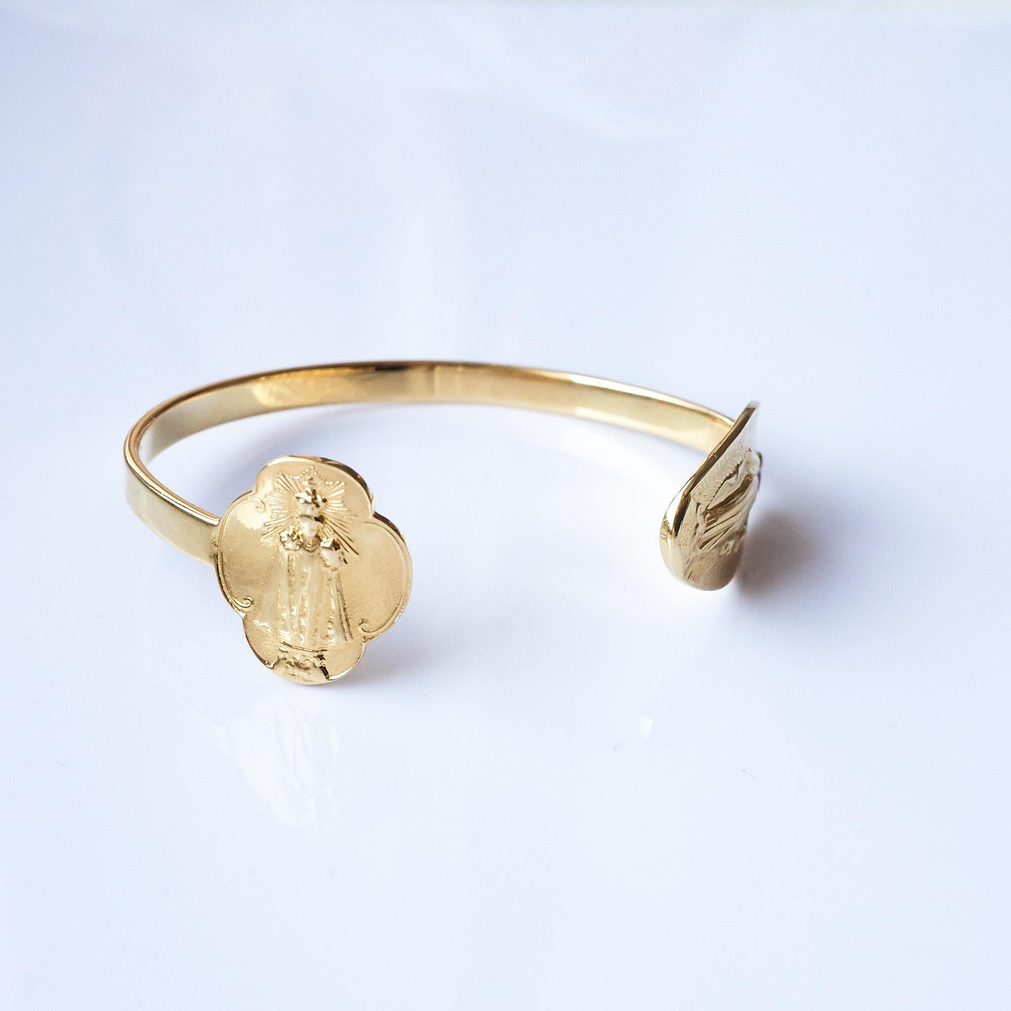 Women's Tourmaline Opal Virgin Mary Bangle Bracelet Cuff Gold Vermeil Spiritual  For Sale