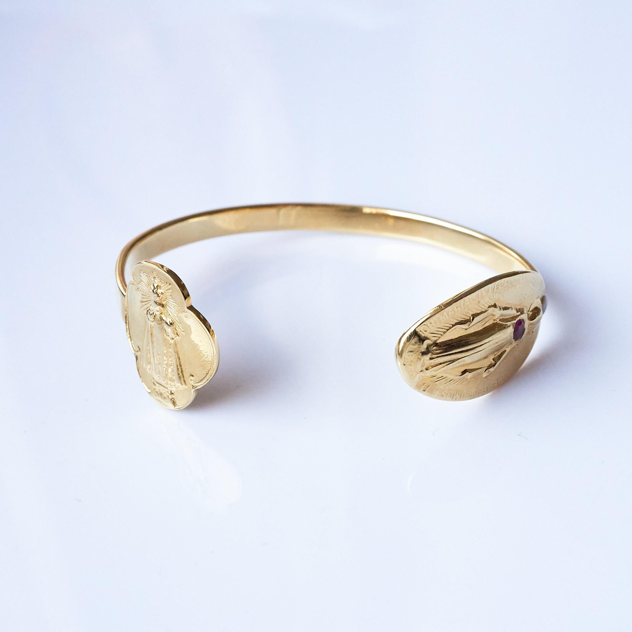 Tourmaline Opal Virgin Mary Bangle Bracelet Cuff Gold Vermeil Spiritual  For Sale 1