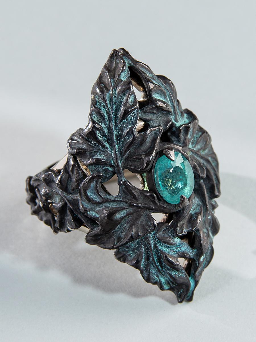 Tourmaline Paraiba ring patina Silver Gold Ring Nature inspired Vintage style For Sale 2