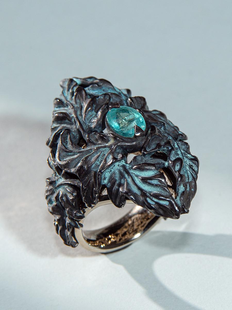 Tourmaline Paraiba ring patina Silver Gold Ring Nature inspired Vintage style For Sale 5