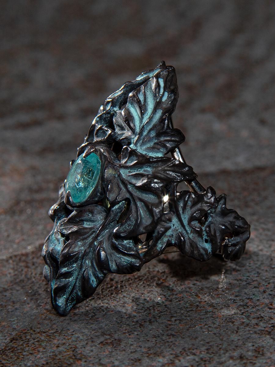 Tourmaline Paraiba ring patina Silver Gold Ring Nature inspired Vintage style For Sale 8