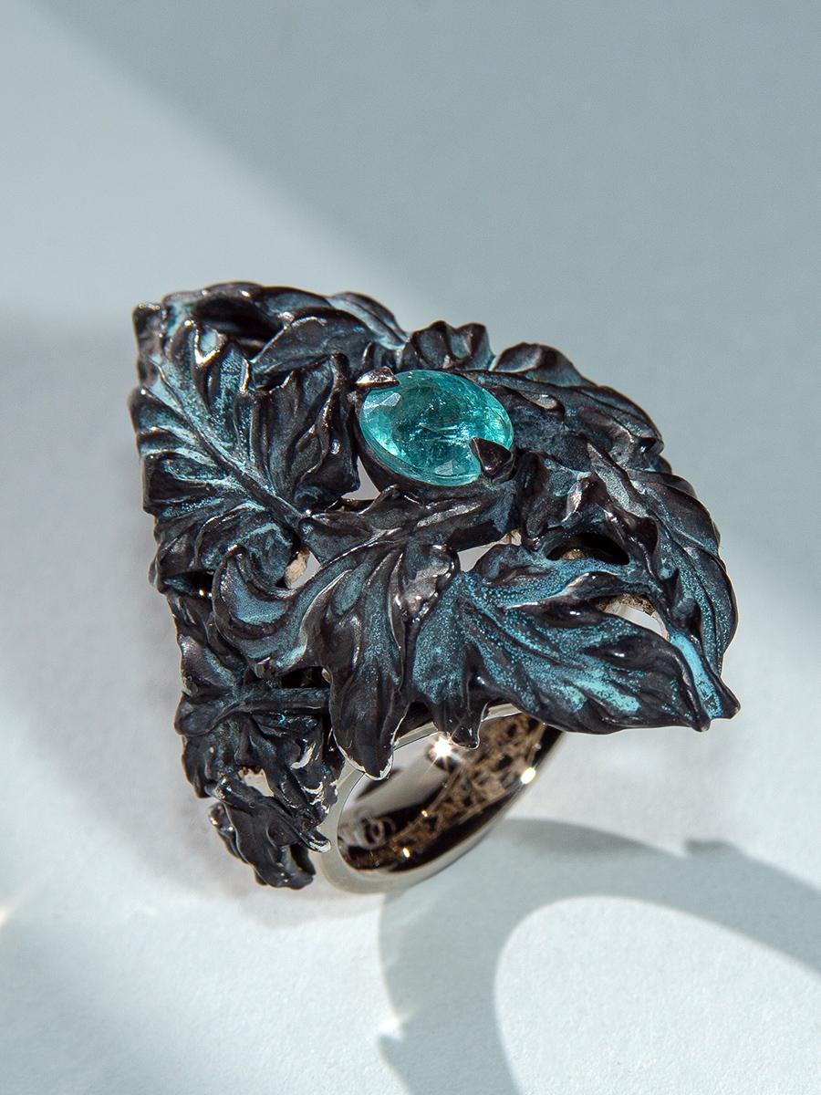 Tourmaline Paraiba Ring Silver Gold Vegetal Antique Style For Sale 5