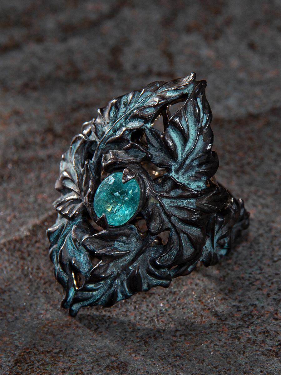 Tourmaline Paraiba Ring Silver Gold Vegetal Antique Style For Sale 8