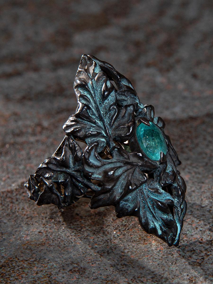 Tourmaline Paraiba Ring Silver Gold Vegetal Antique Style For Sale 9