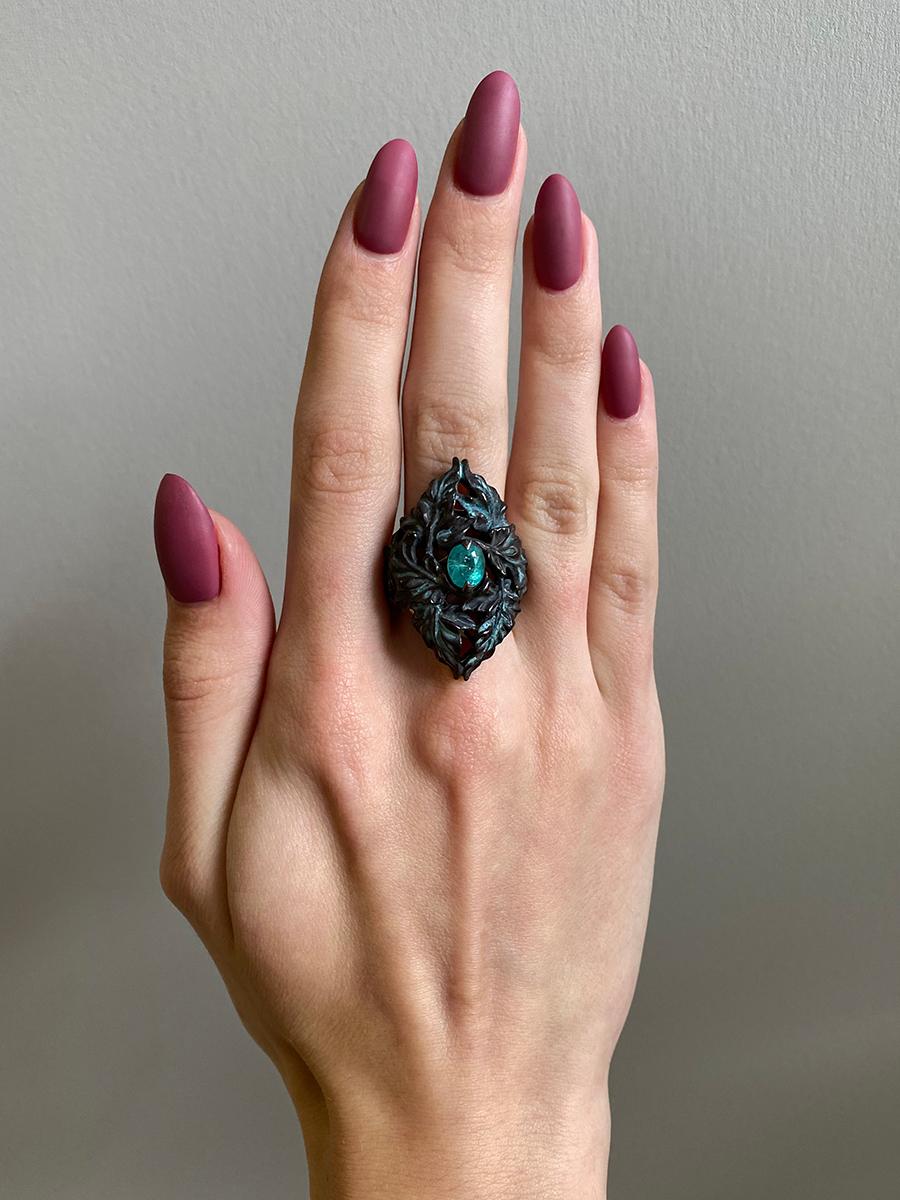 Taille ovale Tourmaline Paraiba Bague Argent Or Végétal Style Antique en vente