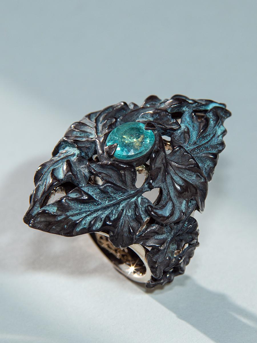 Tourmaline Paraiba Ring Silver Gold Vegetal Antique Style In New Condition For Sale In Berlin, DE