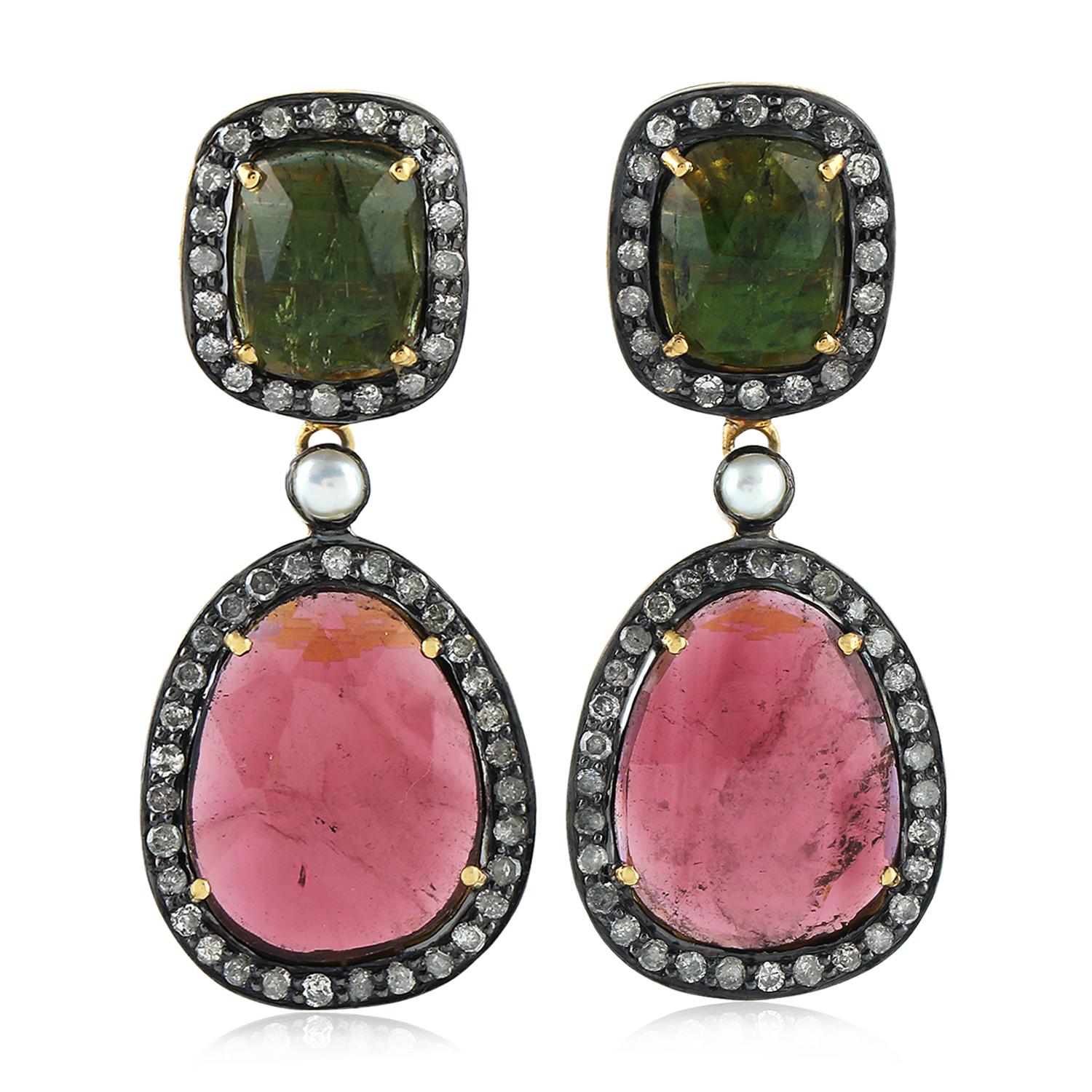 Rose Cut Tourmaline Pearl Diamond Earrings For Sale