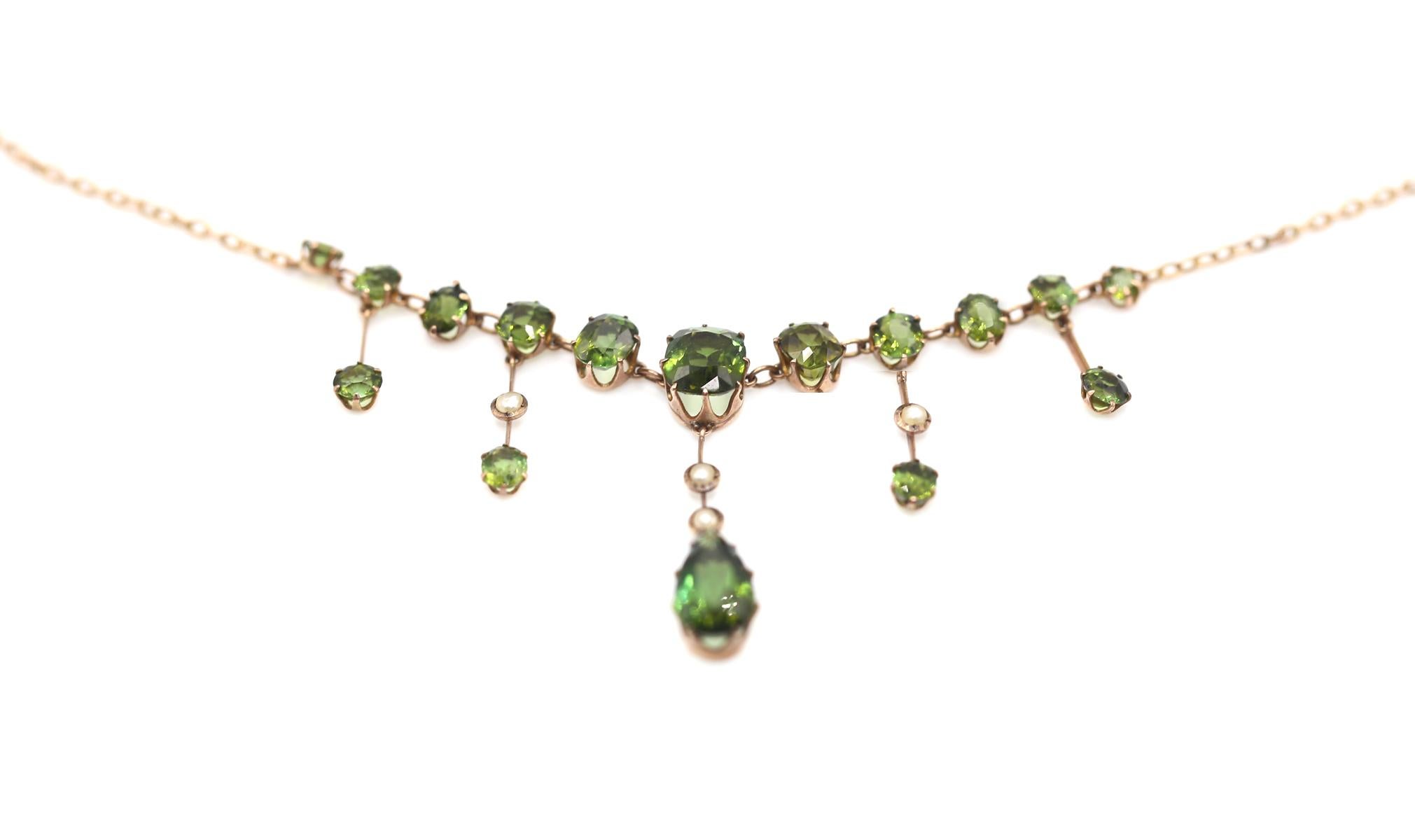 Art nouveau Collier à franges en tourmaline et perles en or 9K Britannique, 1900 en vente