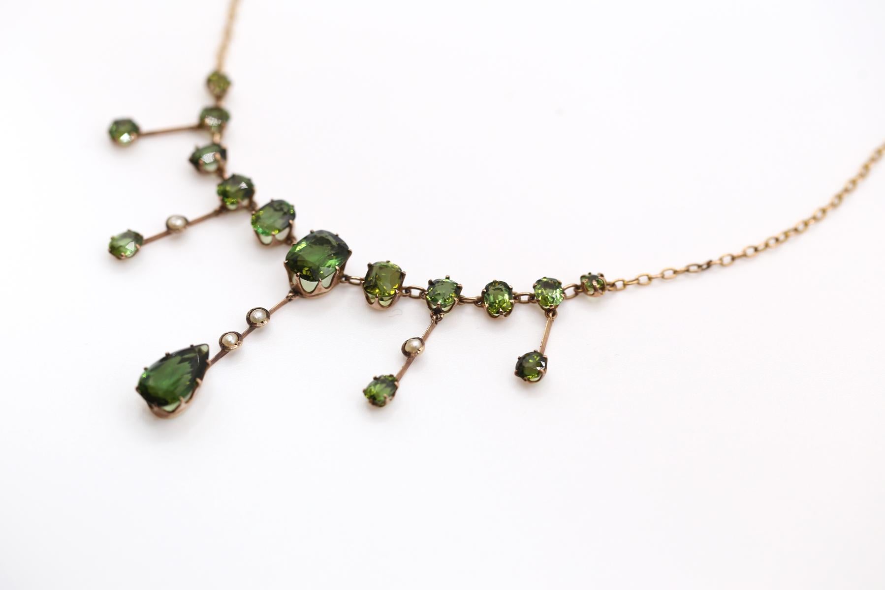 Collier à franges en tourmaline et perles en or 9K Britannique, 1900 Pour femmes en vente