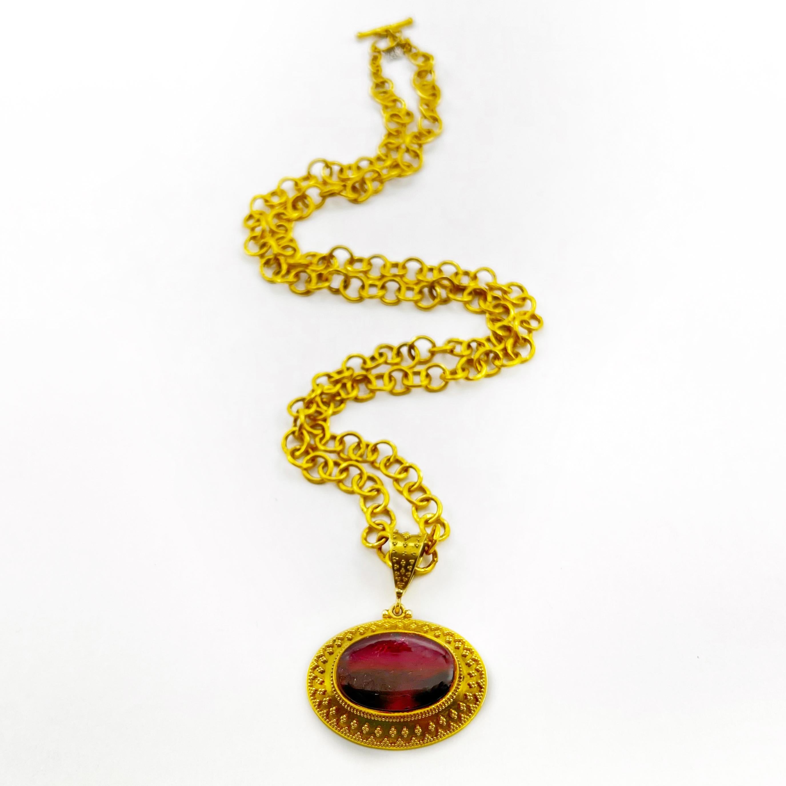 Byzantine Tourmaline Pendant set in 18 Karat Gol With intricate Beading Detail For Sale