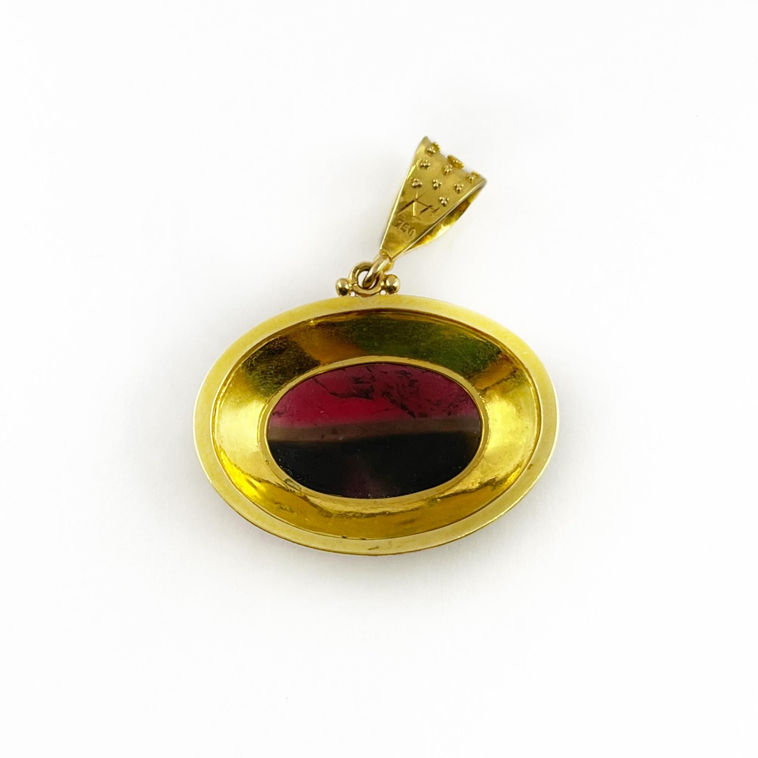 Cabochon Tourmaline Pendant set in 18 Karat Gol With intricate Beading Detail For Sale