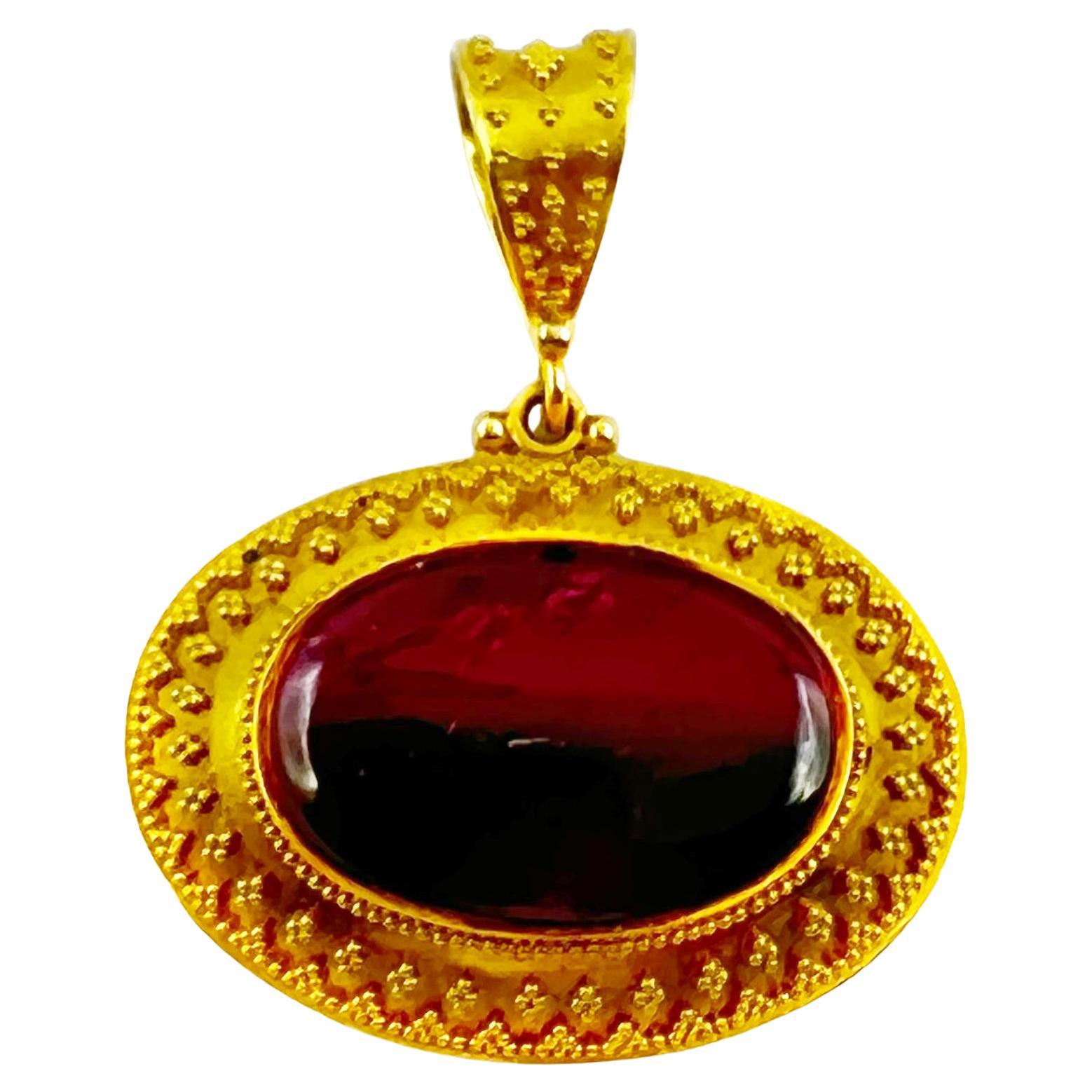 Tourmaline Pendant set in 18 Karat Gol With intricate Beading Detail For Sale